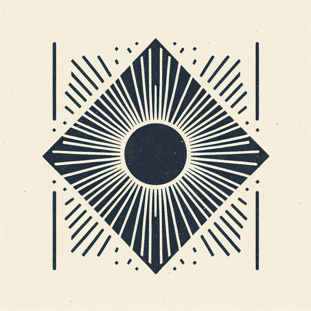 sunshine logo [with a vintage feel][on off-white background] [Washed out, very thin lines][that convey an ethereal quality] [creating diamond shape illusion] with sun rays coming out of a black circle in the middle and whimsical [Resembling a lithograph wood block print] similar to the be here now book by ram dass. very simple